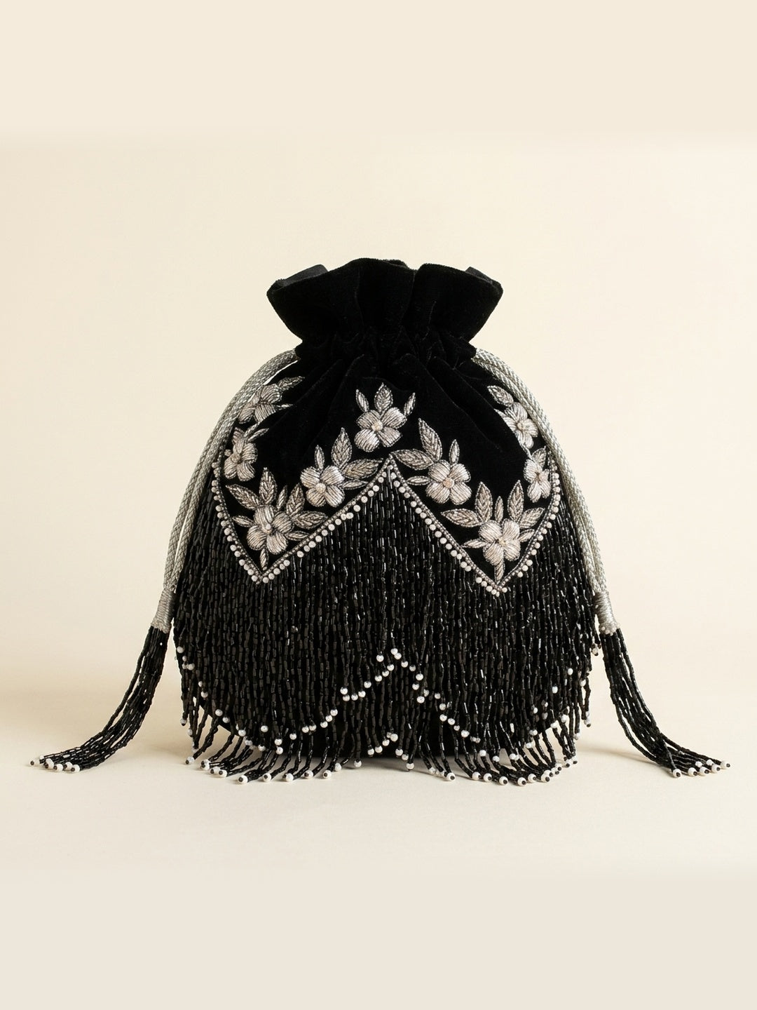 Trisha Black Classic — Velvet Potli Bag - Front View | SWIS-3755