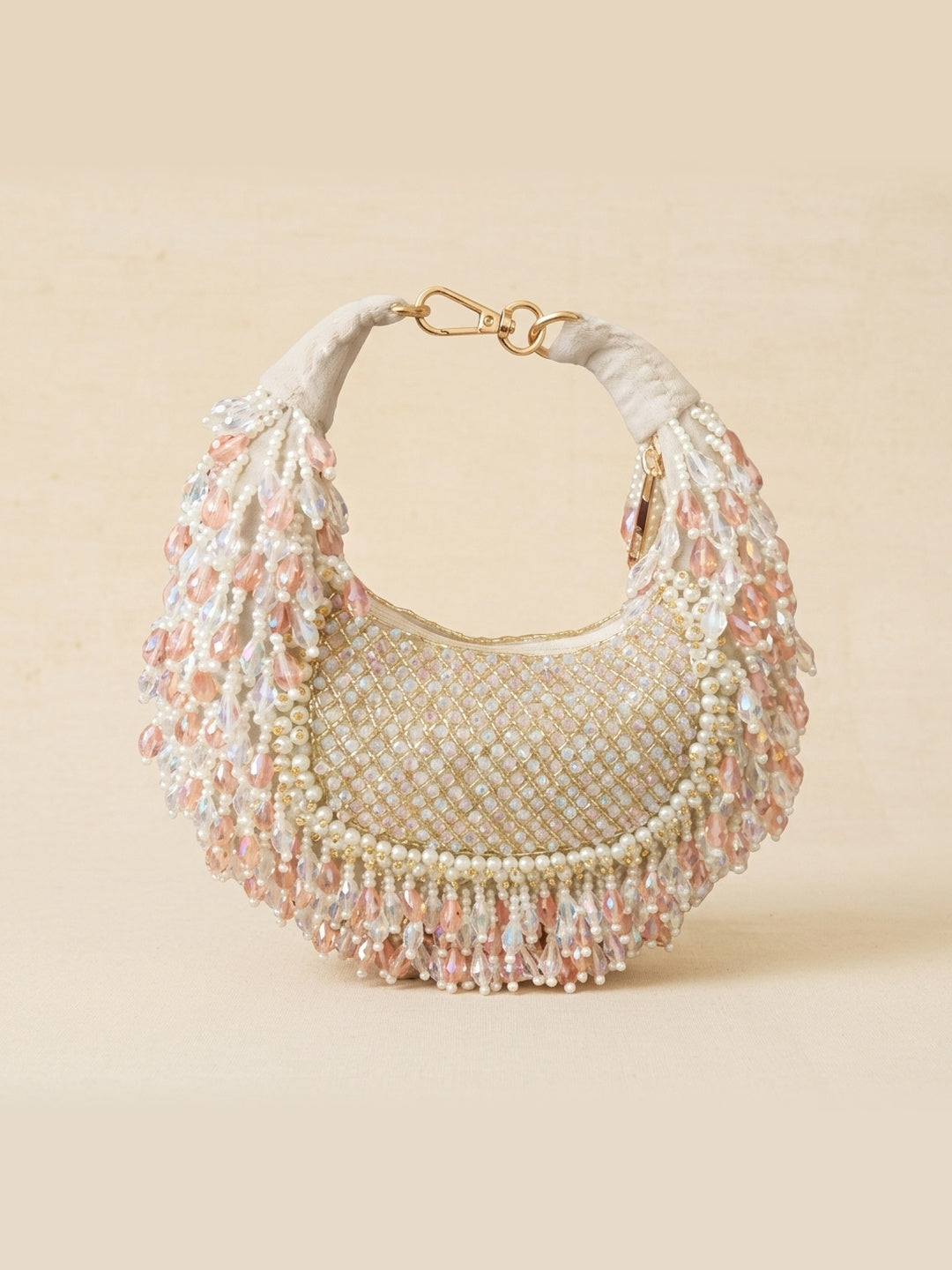 Nayana Beige — Suede Half Moon Bag - Front View | SWIS-3765