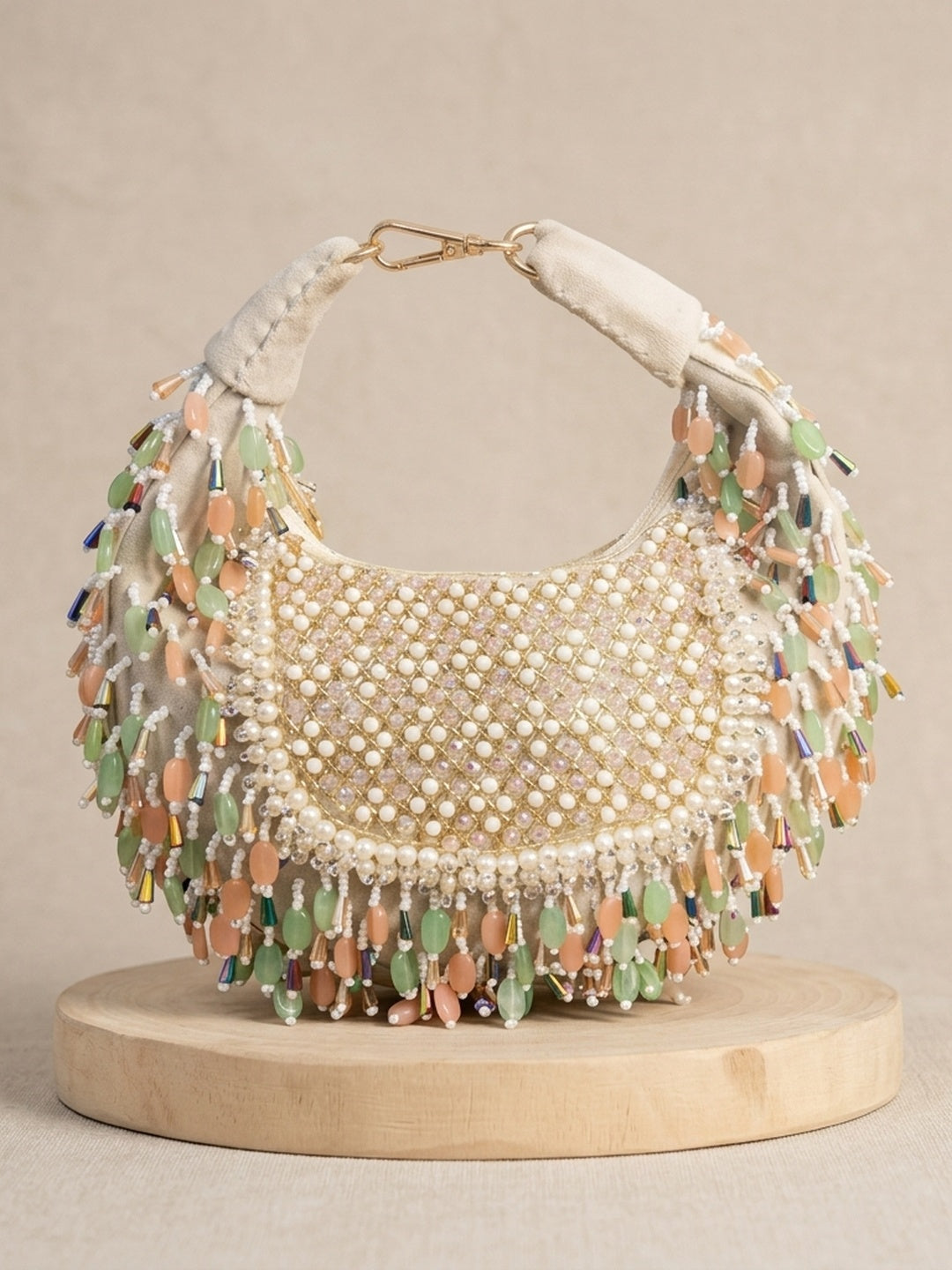 Tulsi Beige — Suede Half Moon Bag - Front View | SWIS-3769