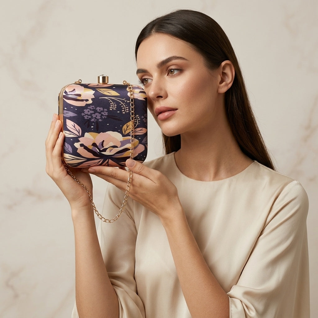 Sukanya Blue — Satin Printed Clutch
