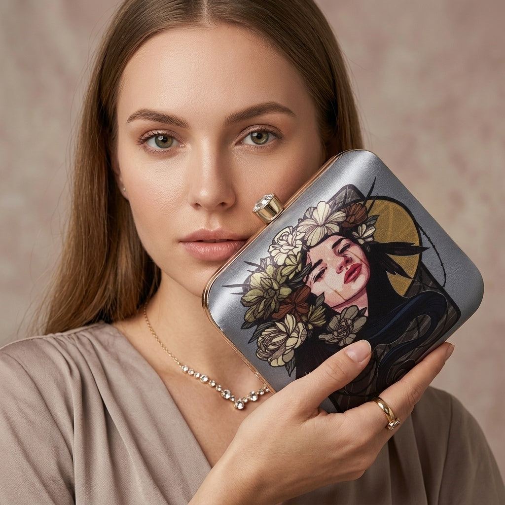 Maitri Grey — Satin Printed Clutch