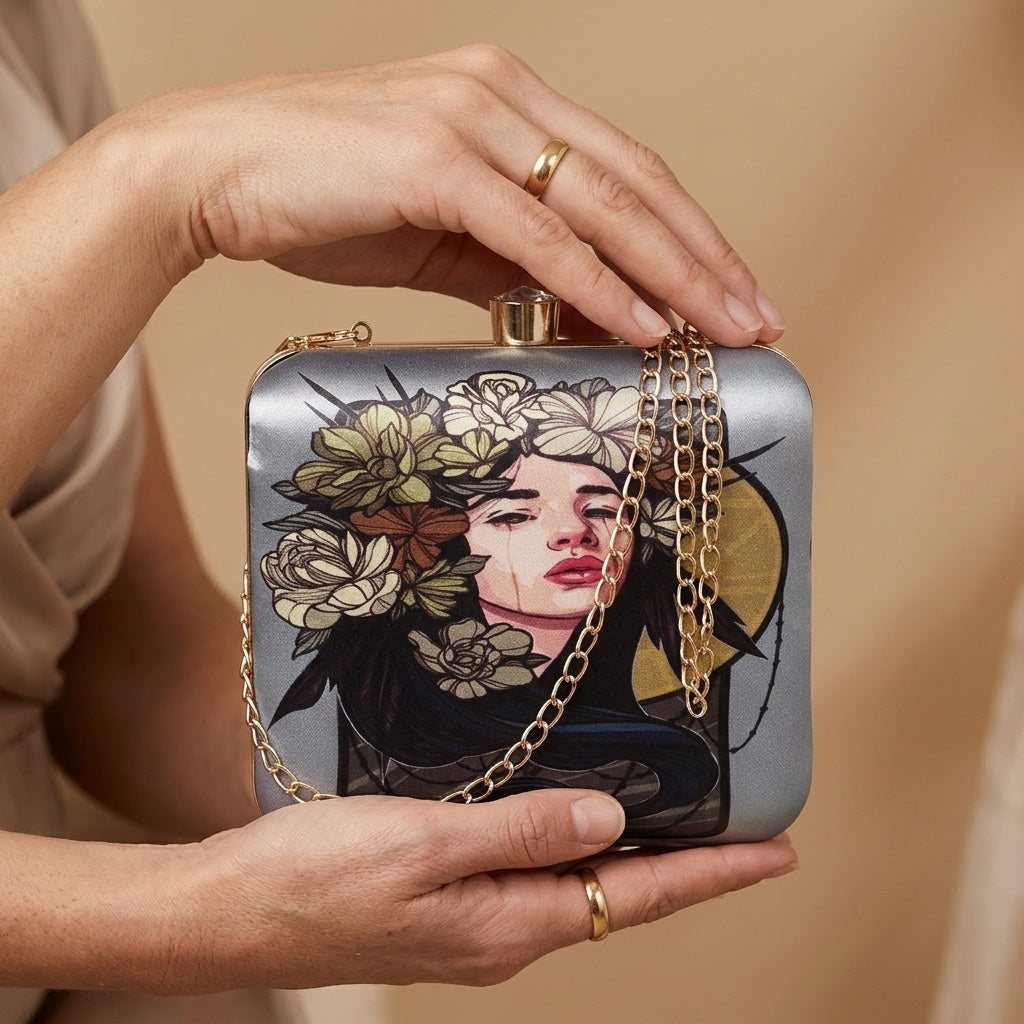 Maitri Grey — Satin Printed Clutch