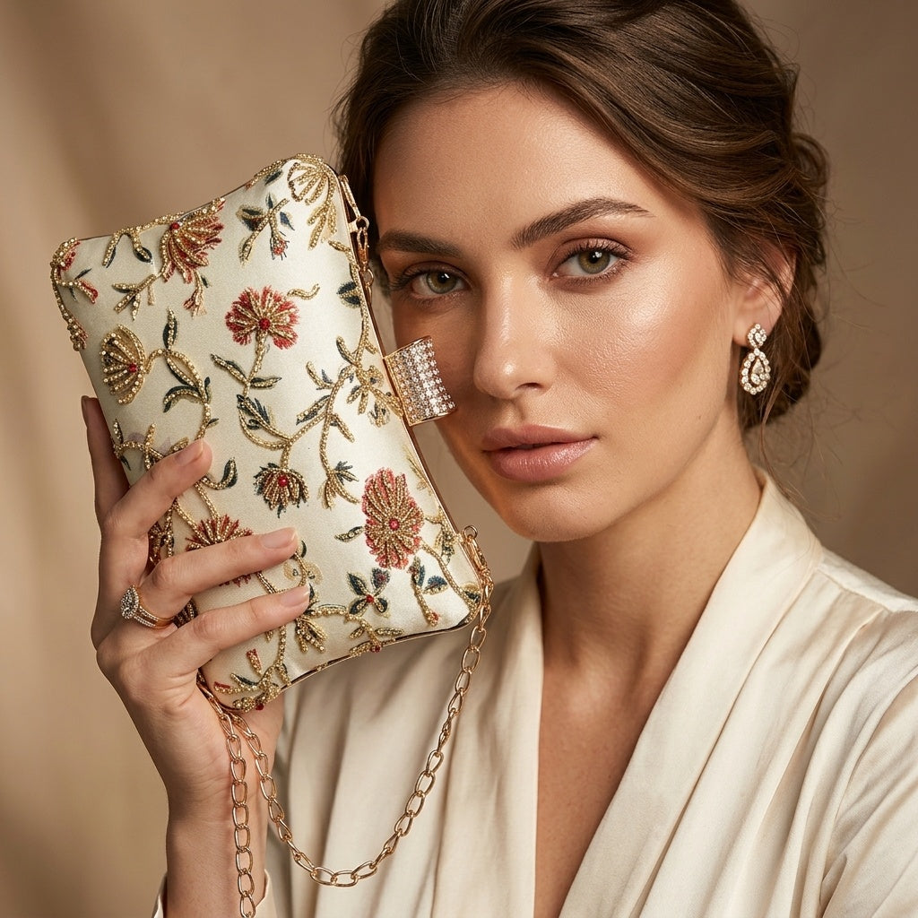 Kamini Cream — Satin Printed Embroidered Clutch