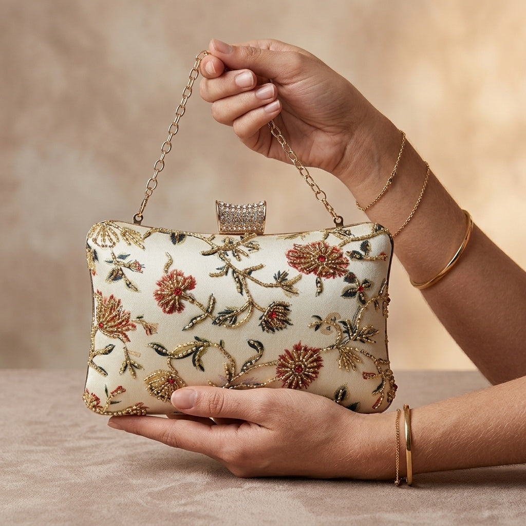 Kamini Cream — Satin Printed Embroidered Clutch