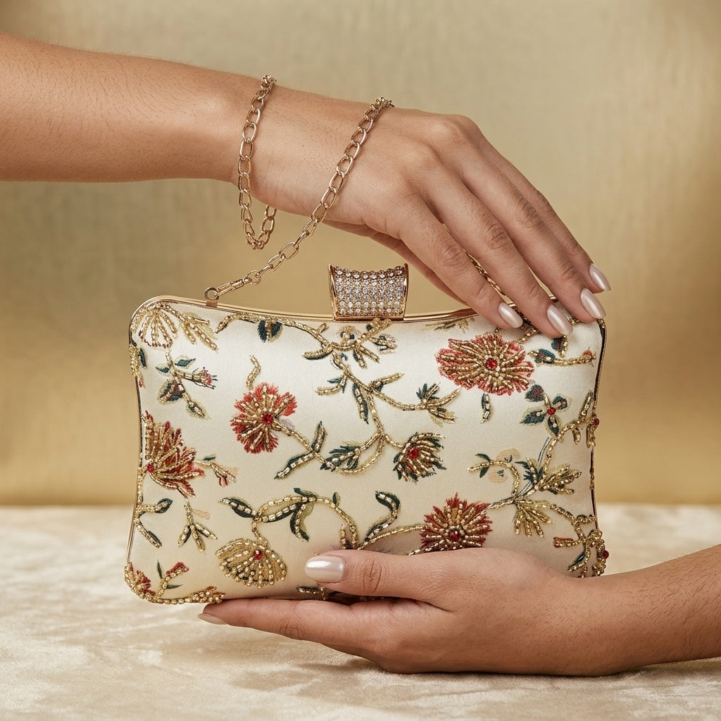 Kamini Cream — Satin Printed Embroidered Clutch