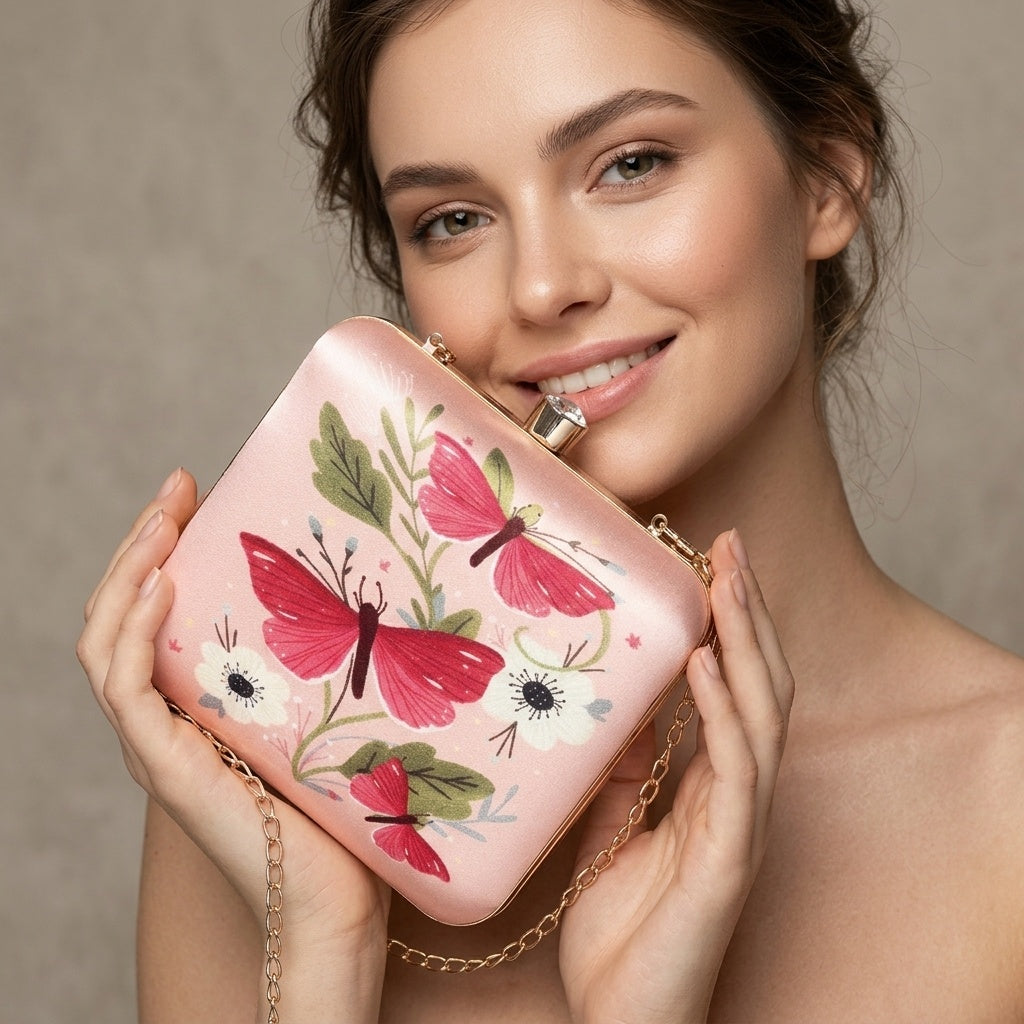 Tanisha Baby Pink — Satin Printed Clutch