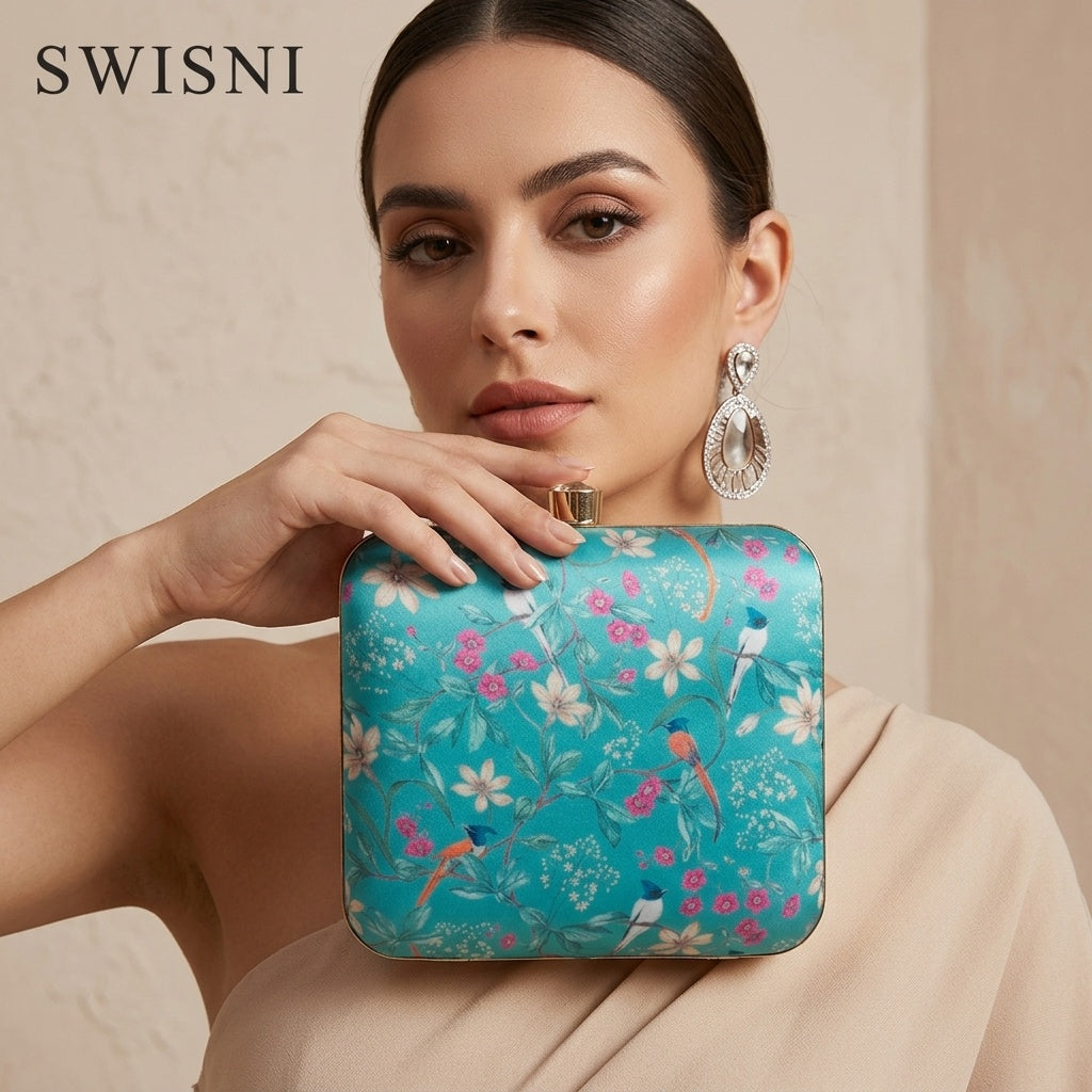 Gauri Green — Satin Printed Clutch