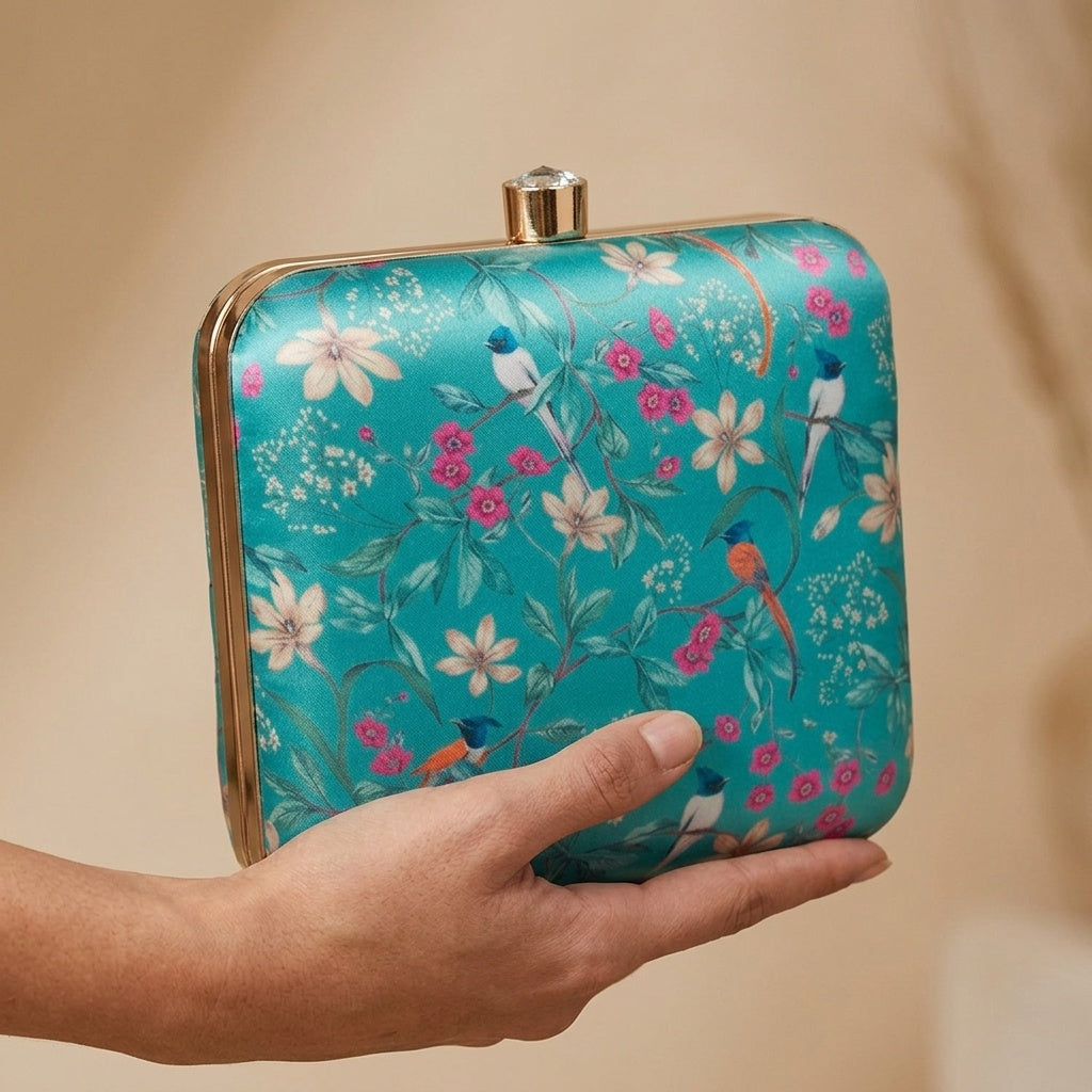 Gauri Green — Satin Printed Clutch