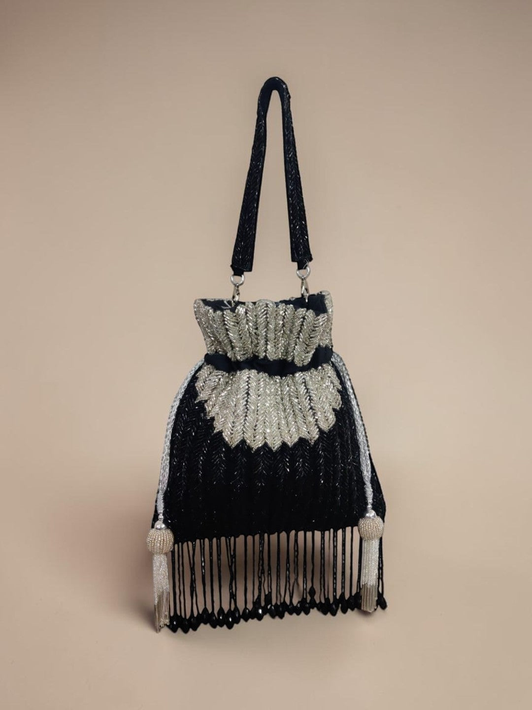 Kainat Black — Raw Silk Potli Bag - Front View | SWIS-4235