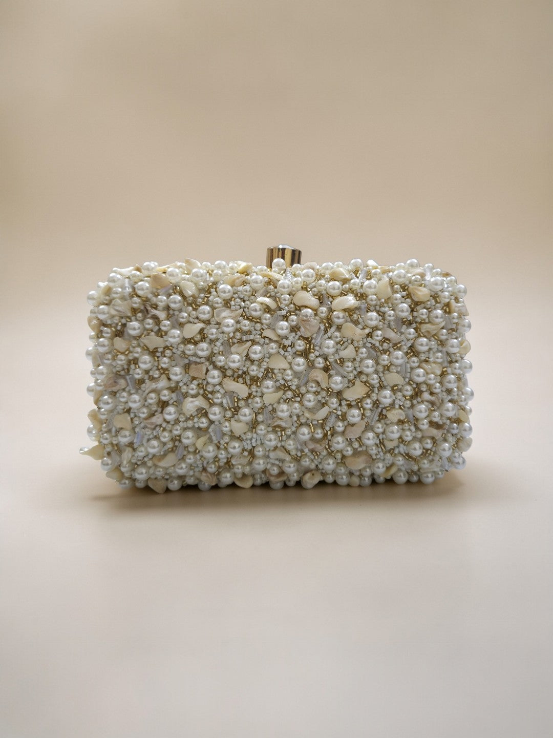Mehrunisa White — Raw Silk Embroidered Clutch - Front View | SWIS-4313