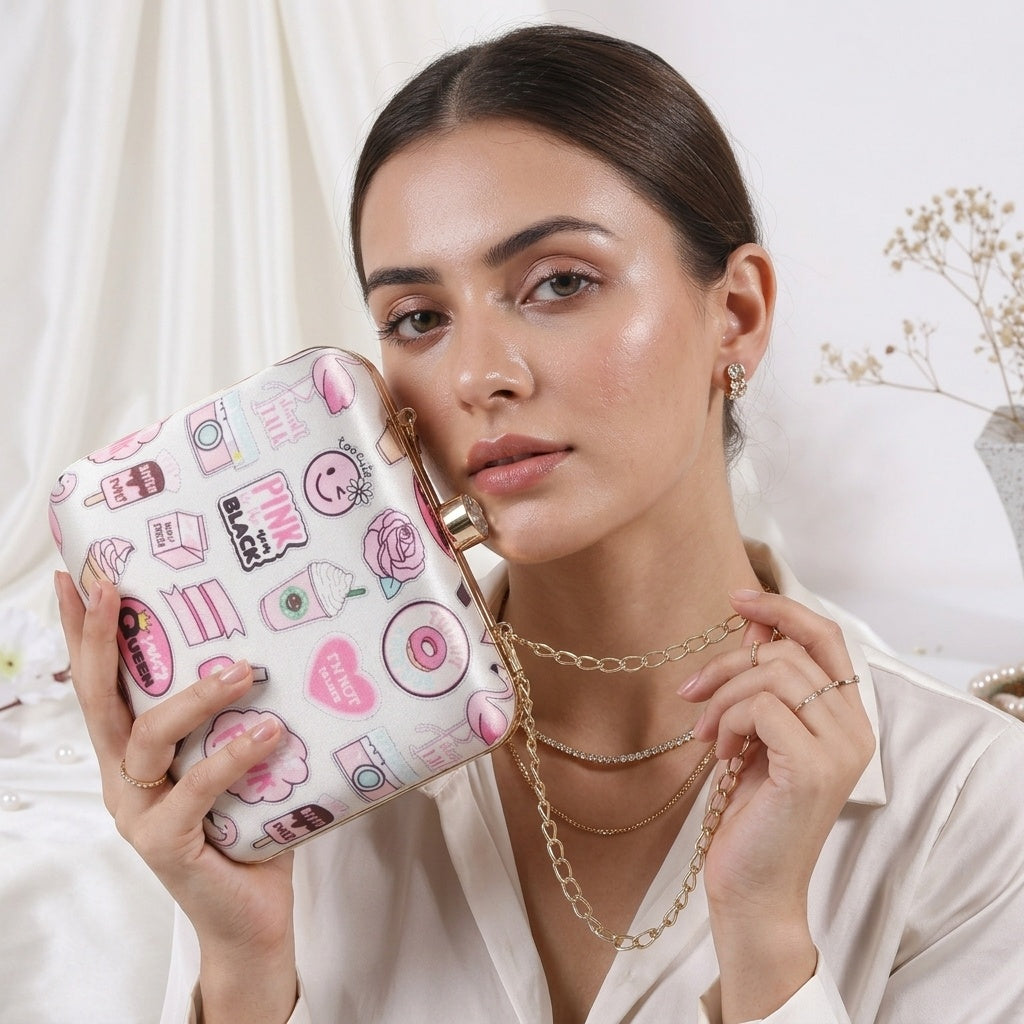 Naina White — Satin Printed Clutch