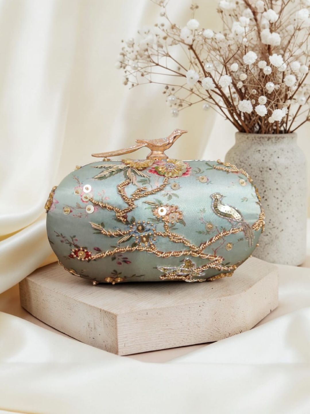 Jasmine Green — Satin Printed Embroidered Clutch - Front View | SWIS-4351