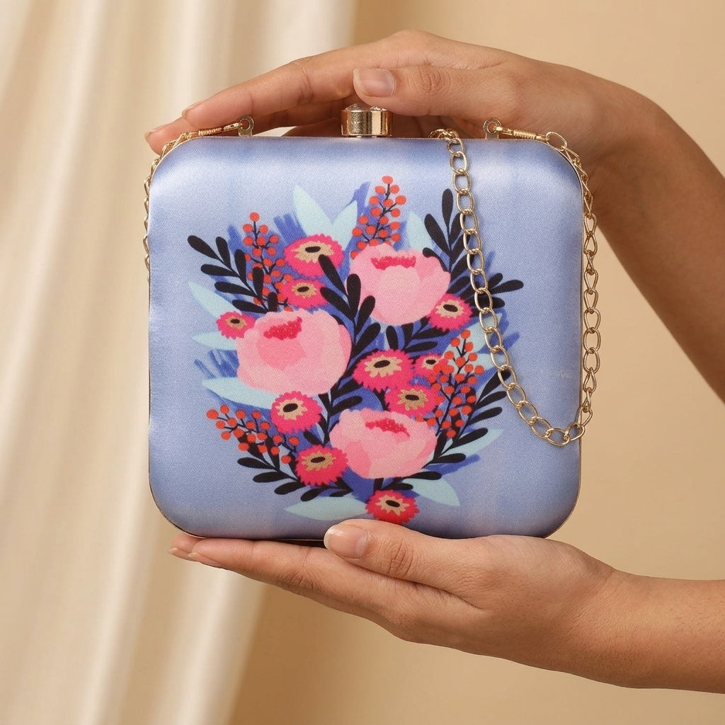 Tanzeela Blue — Satin Printed Clutch