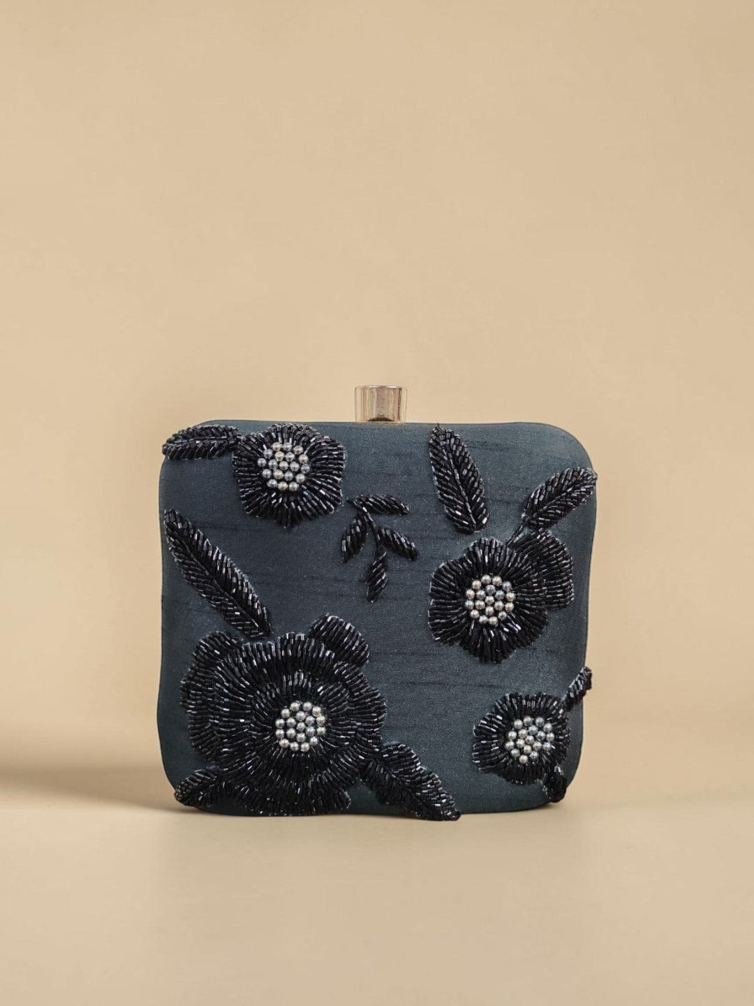 Mitali Black — Raw Silk Embroidered Clutch - Front View | SWIS-4403