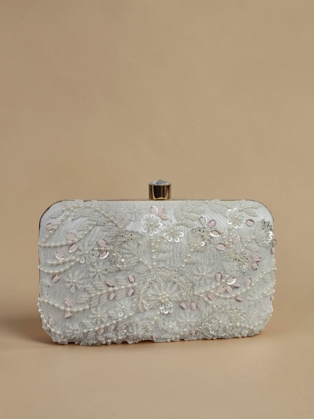 Shobhana White — Raw Silk Embroidered Clutch - Front View | SWIS-4415