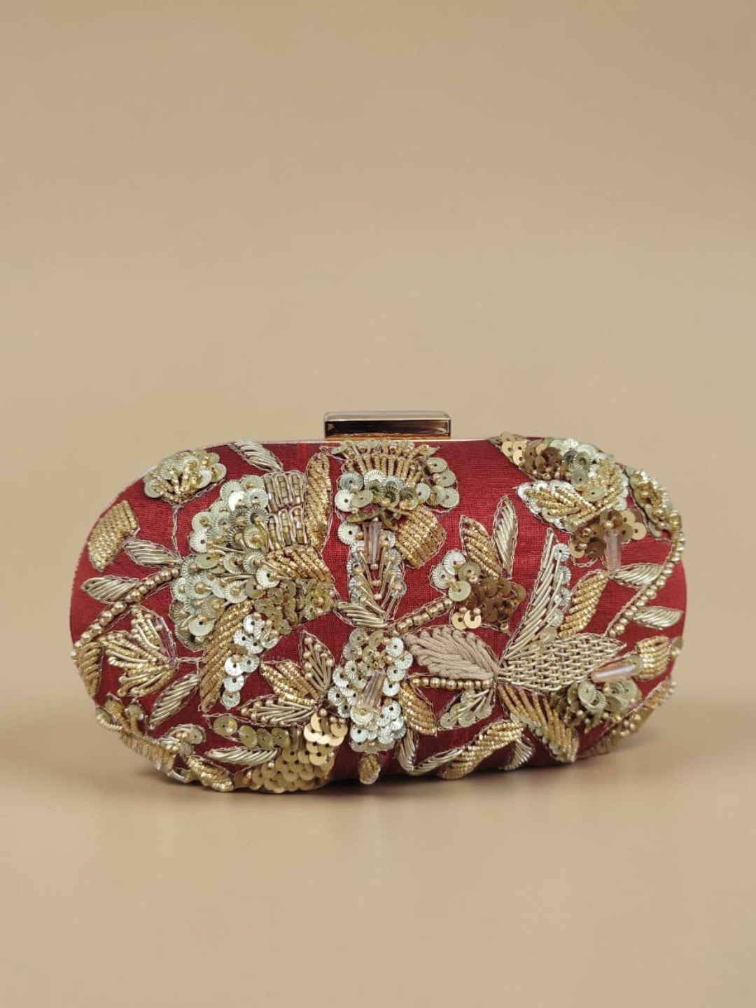 Ishani Maroon — Raw Silk Embroidered Clutch - Front View | SWIS-4416