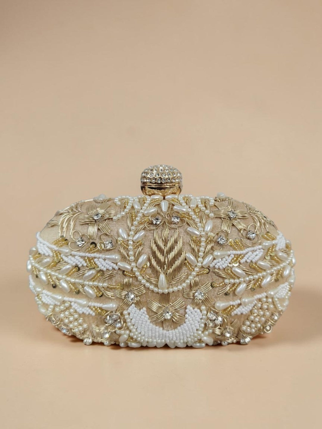 Vinita Golden — Raw Silk Embroidered Clutch - Front View | SWIS-4417