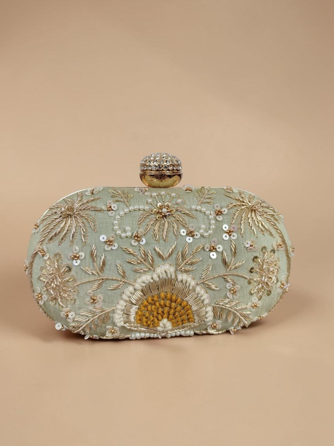 Sarika Mint Green — Raw Silk Embroidered Clutch - Front View | SWIS-4428