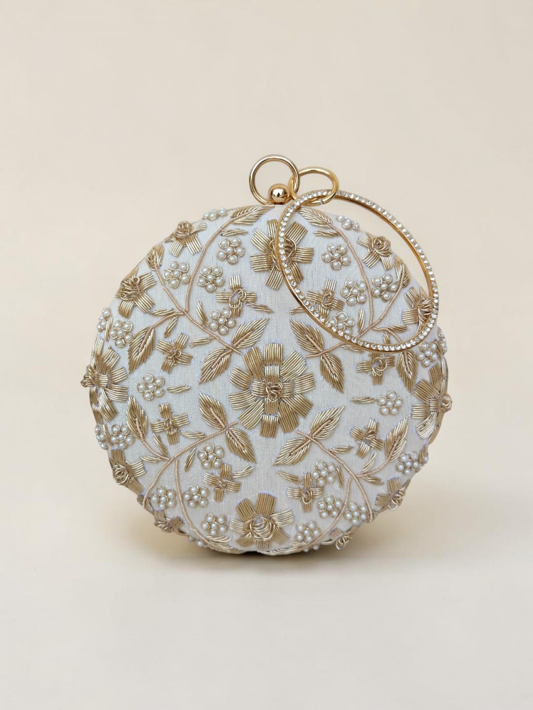 Amisha White — Raw Silk Embroidered Clutch - Front View | SWIS-4446