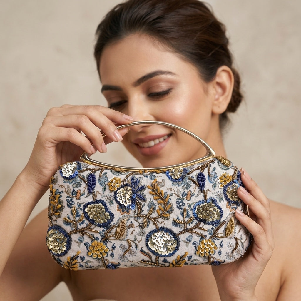 Adhira Classic — Satin Printed Embroidered Clutch - Front View | SWIS-4463