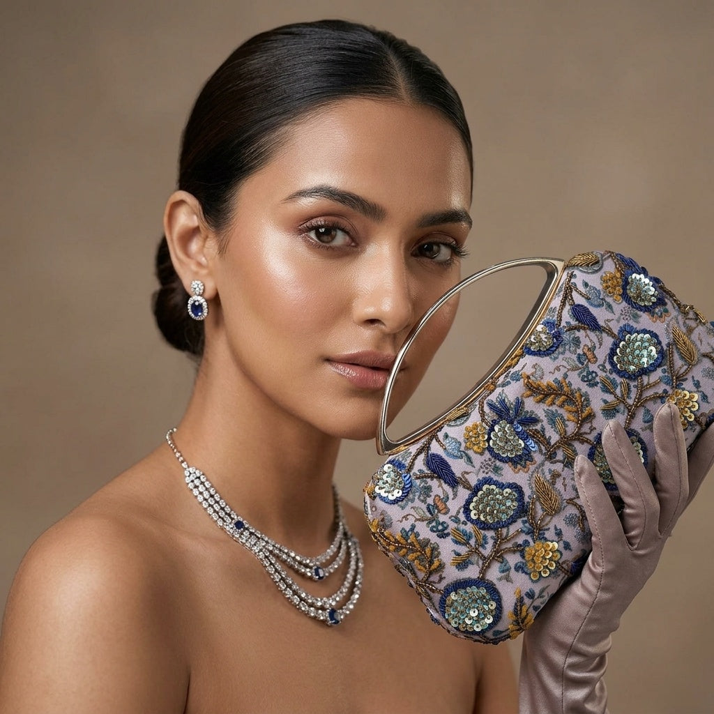 Adhira Classic — Satin Printed Embroidered Clutch