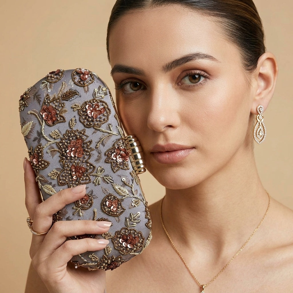 Prisha Heritage — Satin Printed Embroidered Clutch - Front View | SWIS-4465