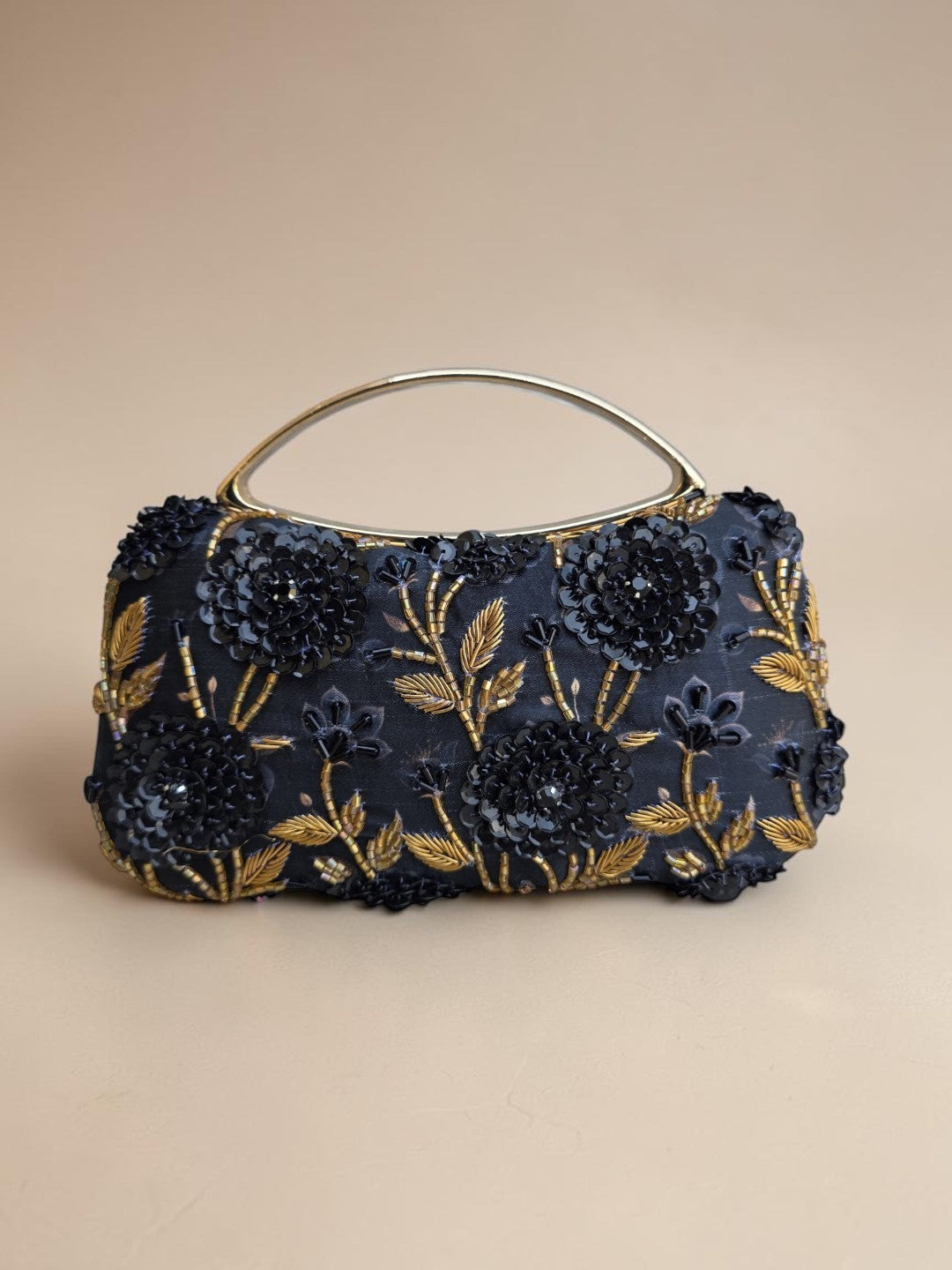 Menaka Black — Satin Printed Embroidered Clutch - Front View | SWIS-4470