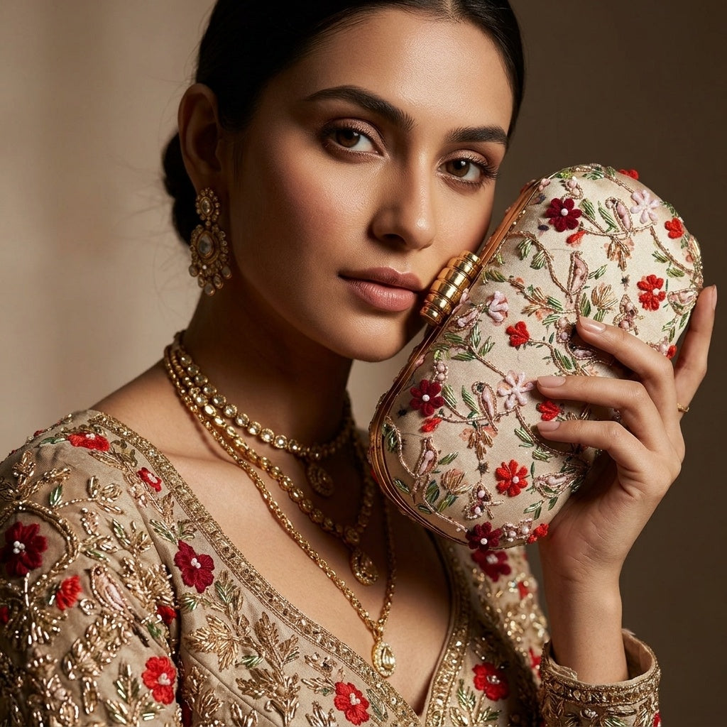 Saira — Satin Printed Embroidered Clutch - Front View | SWIS-4473