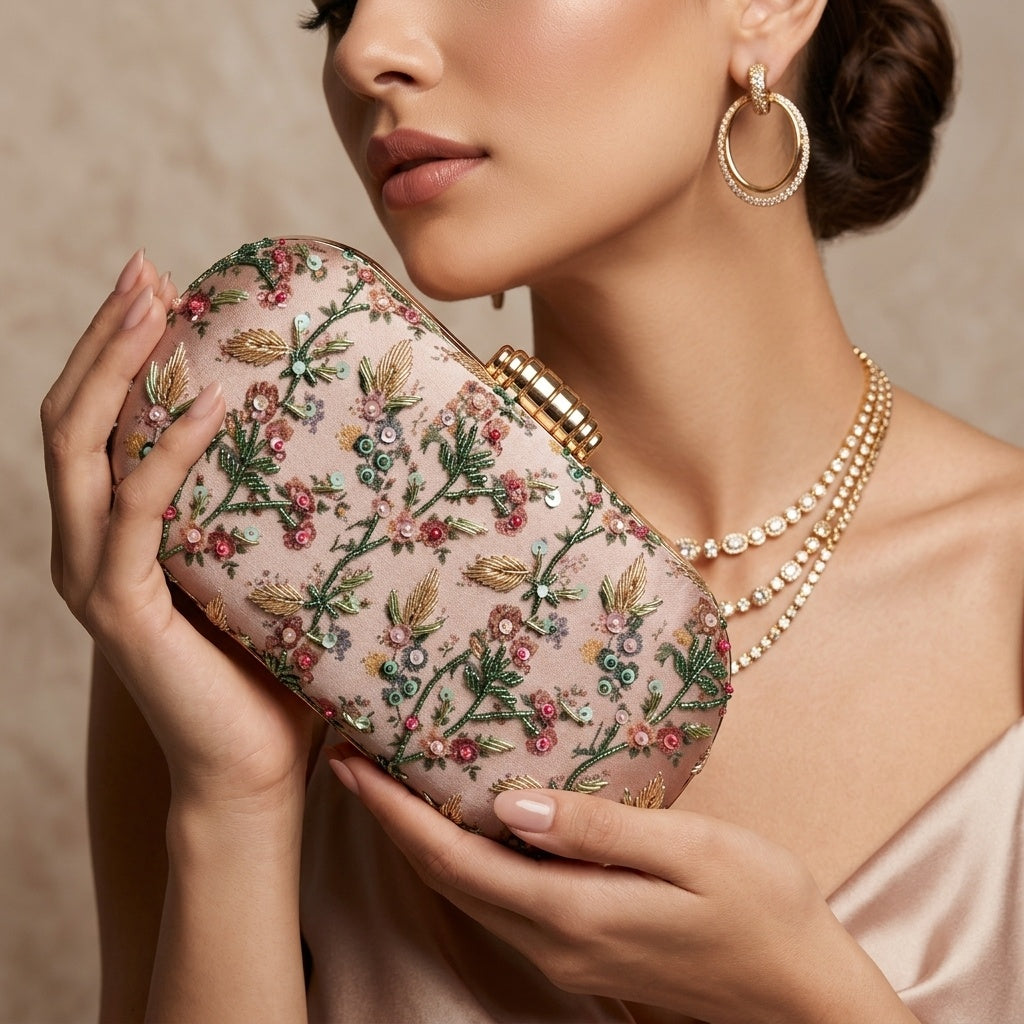 Tanzeela Classic — Satin Printed Embroidered Clutch - Front View | SWIS-4474