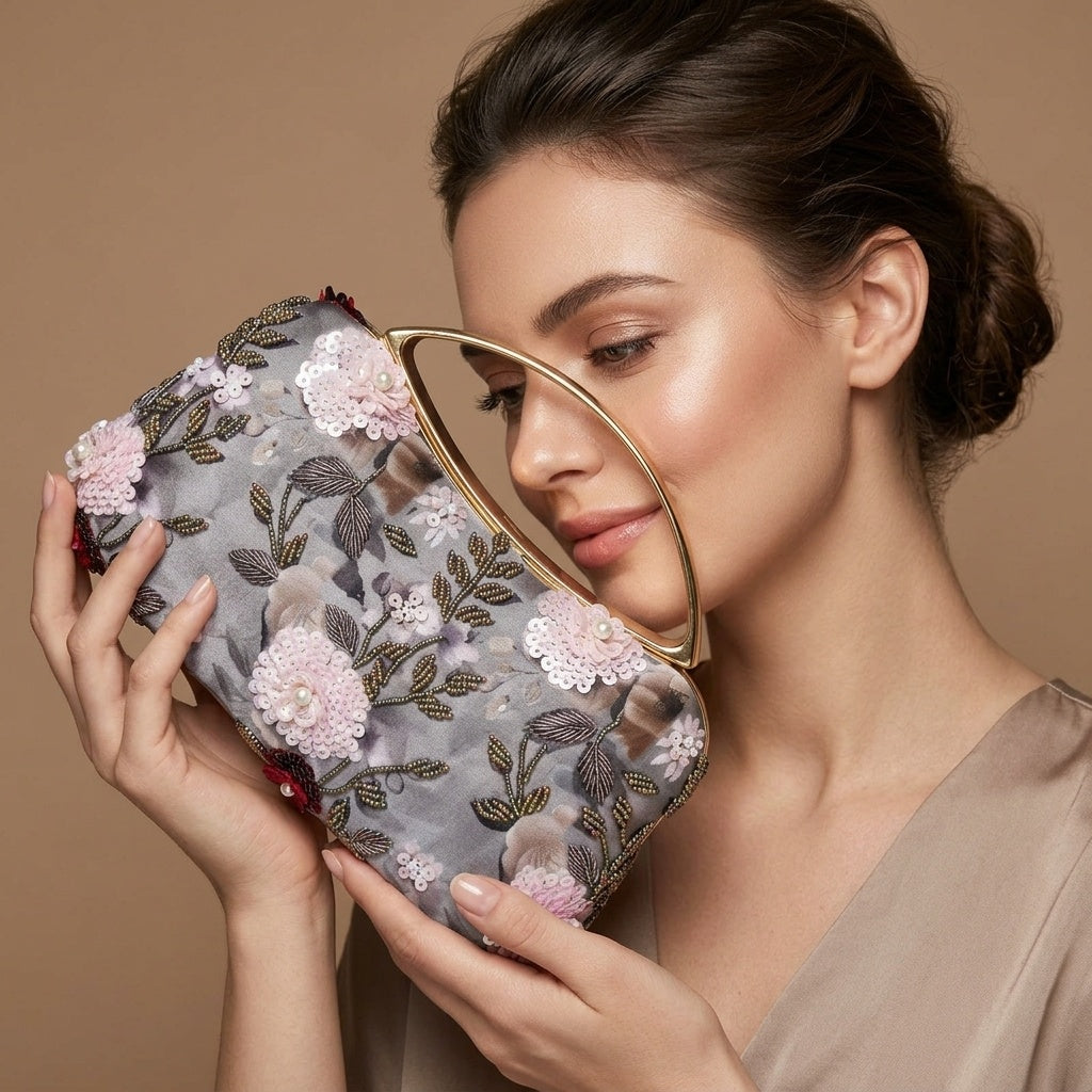 Leela — Satin Printed Embroidered Clutch - Front View | SWIS-4475