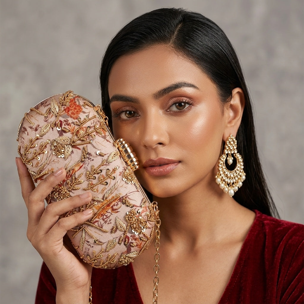 Abha Golden — Satin Printed Embroidered Clutch - Front View | SWIS-4476