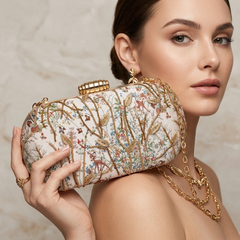 Siddhi Classic — Satin Printed Embroidered Clutch - Front View | SWIS-4483