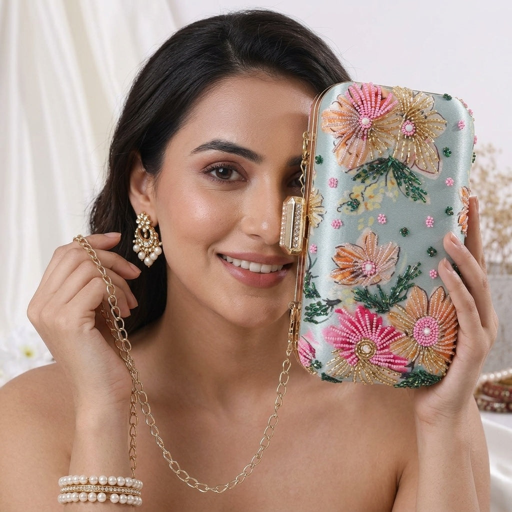 Jyotika Mint Green — Satin Printed Embroidered Clutch