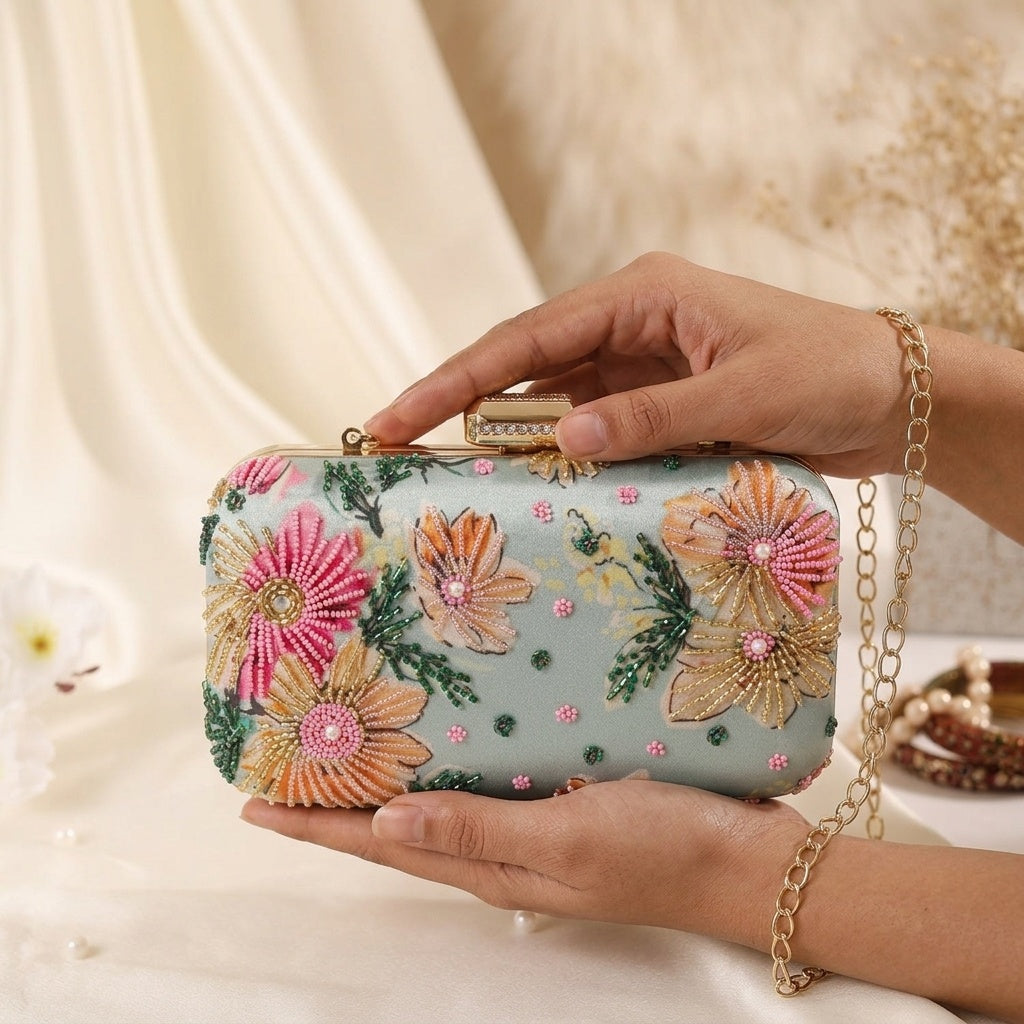 Jyotika Mint Green — Satin Printed Embroidered Clutch