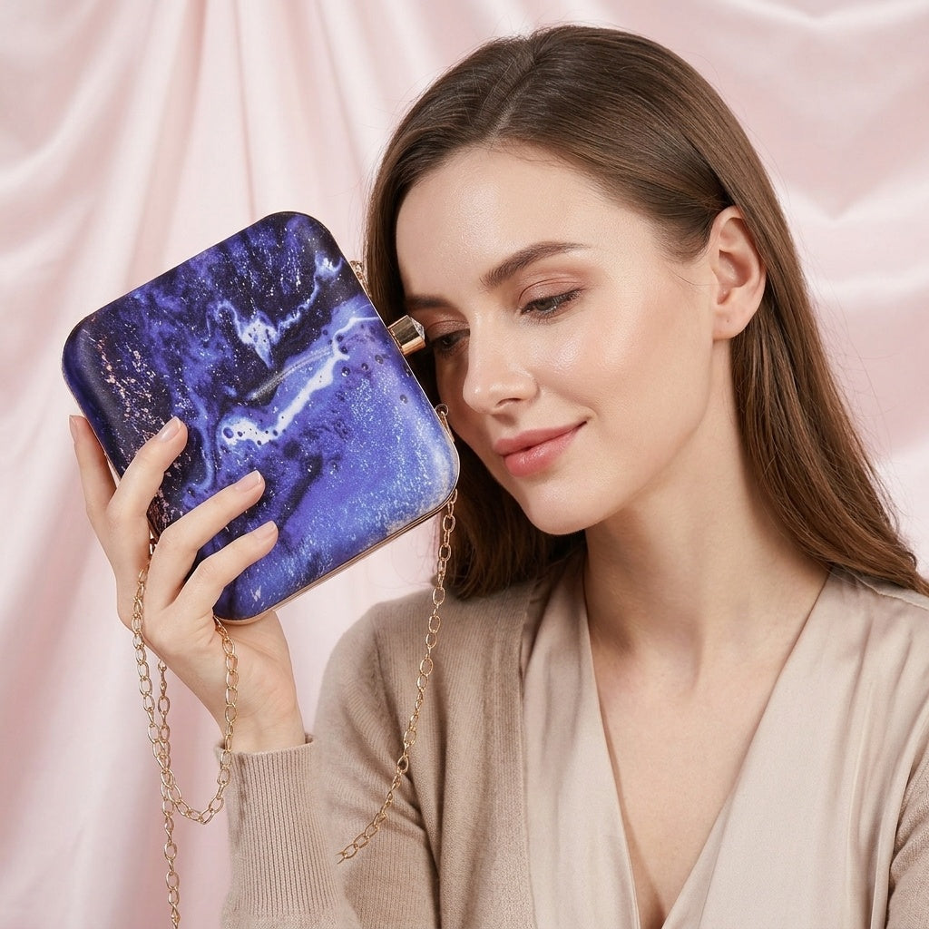 Anisha Blue — Satin Printed Clutch
