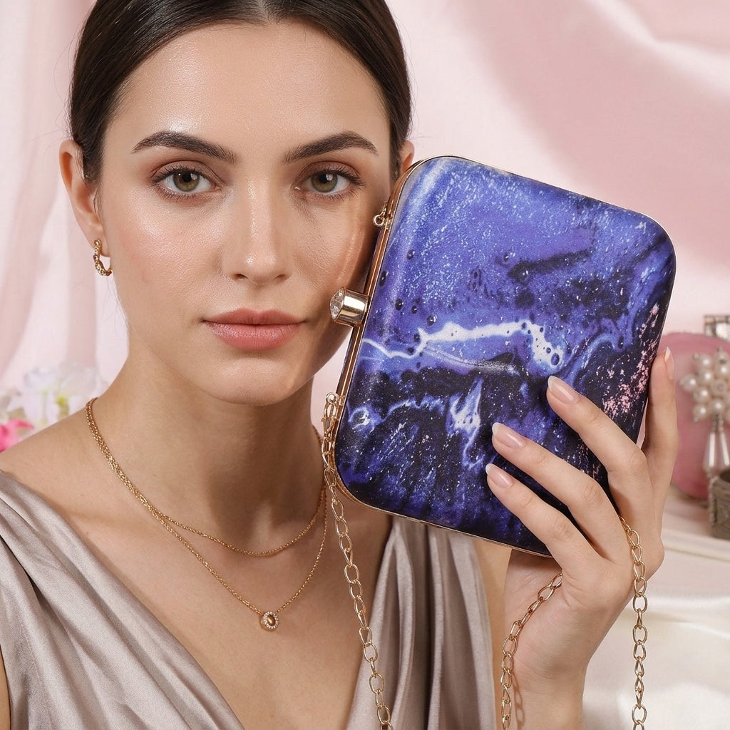 Anisha Blue — Satin Printed Clutch