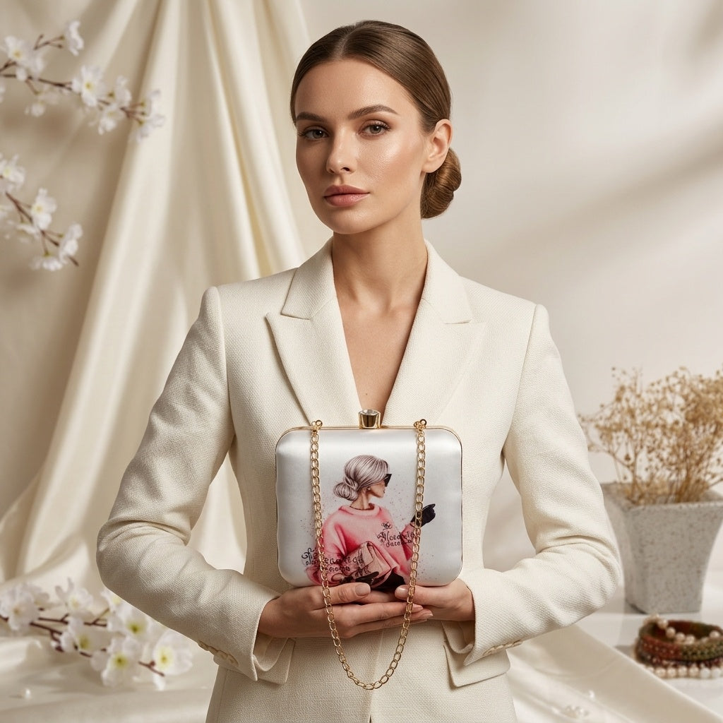 Ishani White — Satin Printed Clutch
