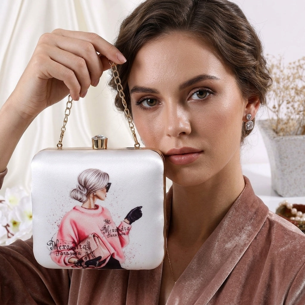 Ishani White — Satin Printed Clutch