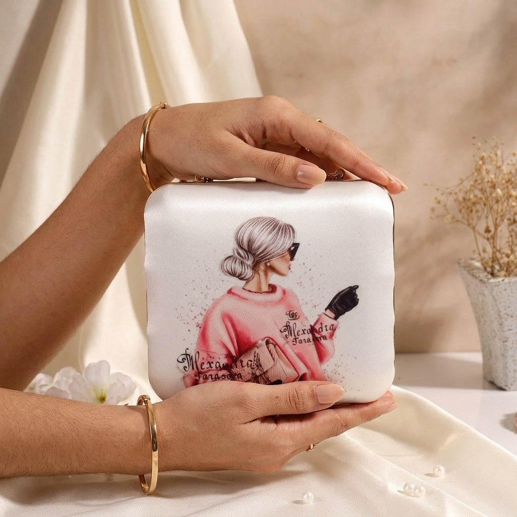 Ishani White — Satin Printed Clutch