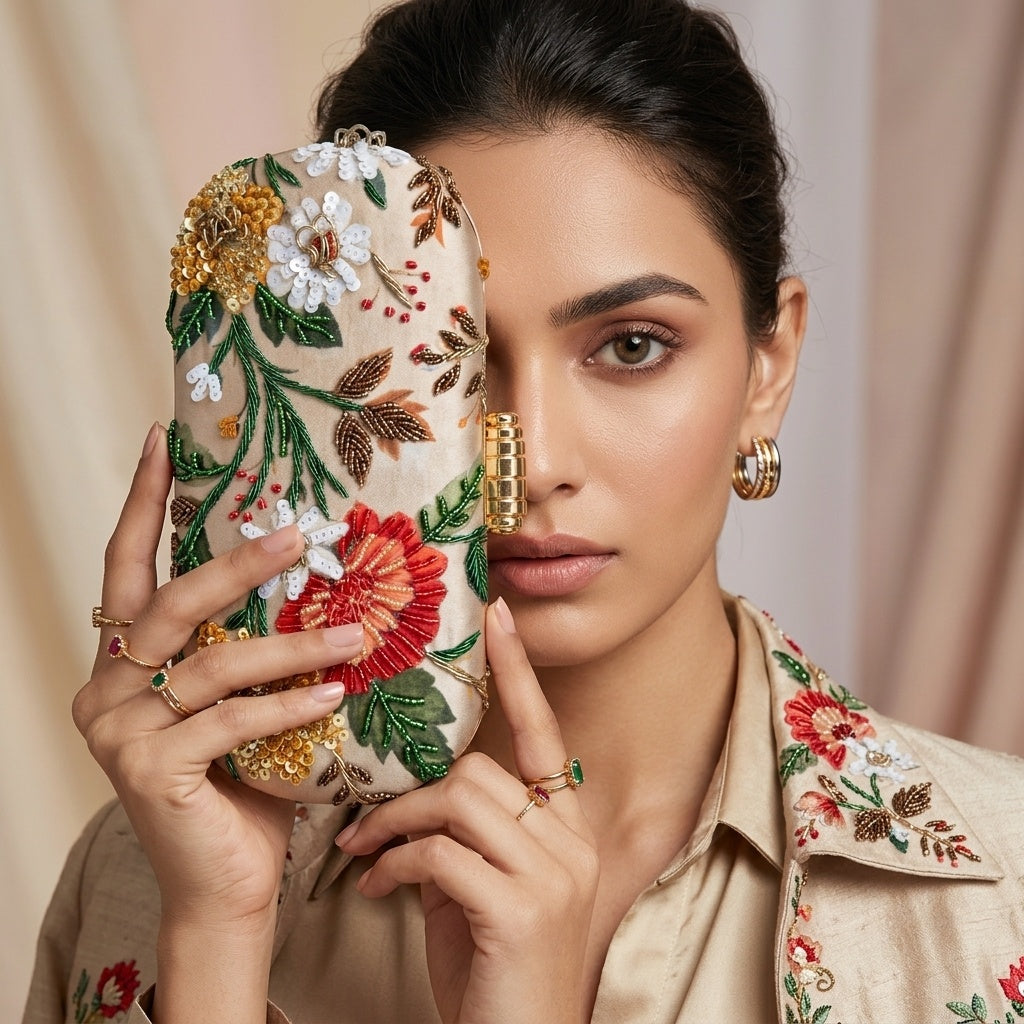 Swarnika — Satin Printed Embroidered Clutch - Front View | SWIS-4512