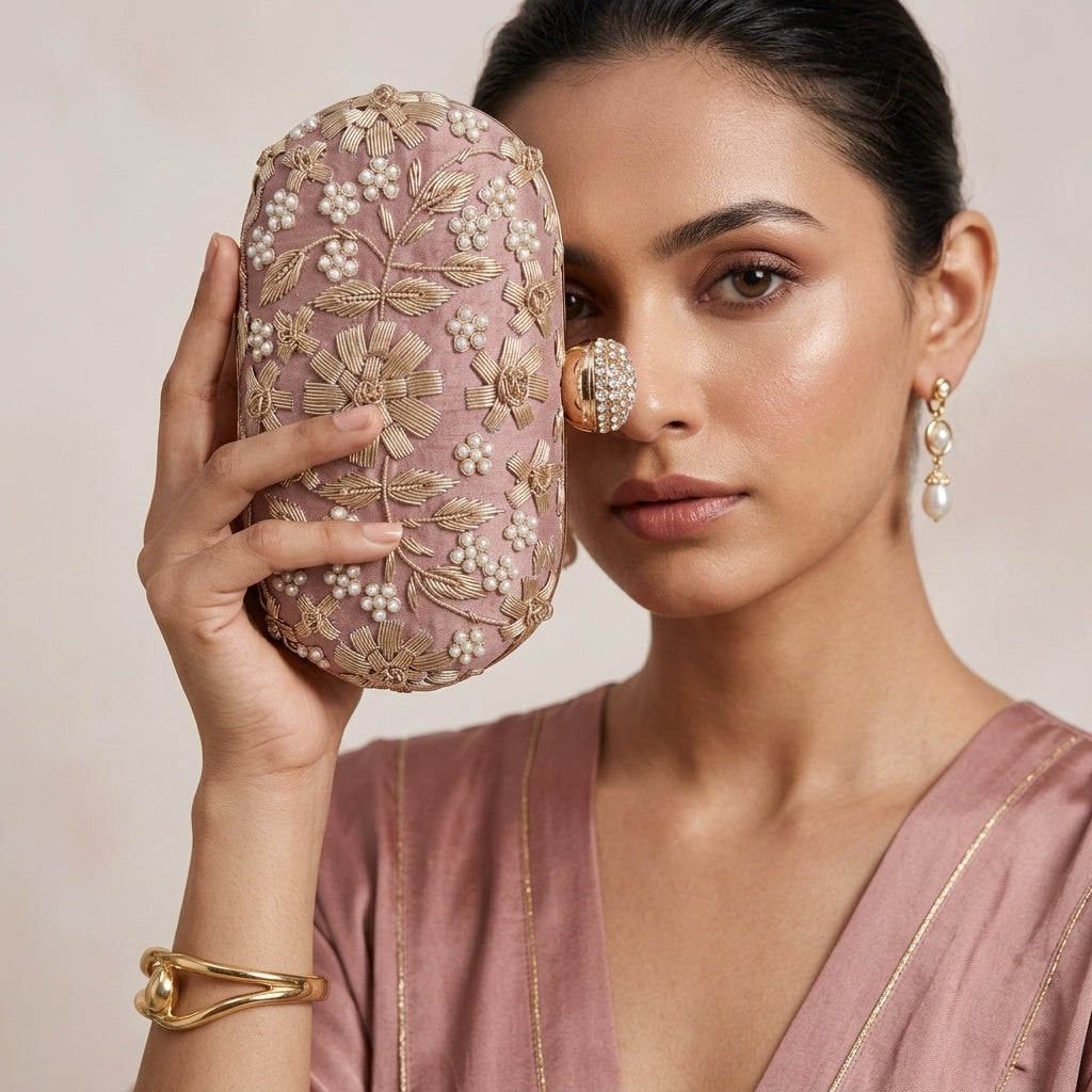 Vasanti Peach — Raw Silk Embroidered Clutch - Front View | SWIS-4513