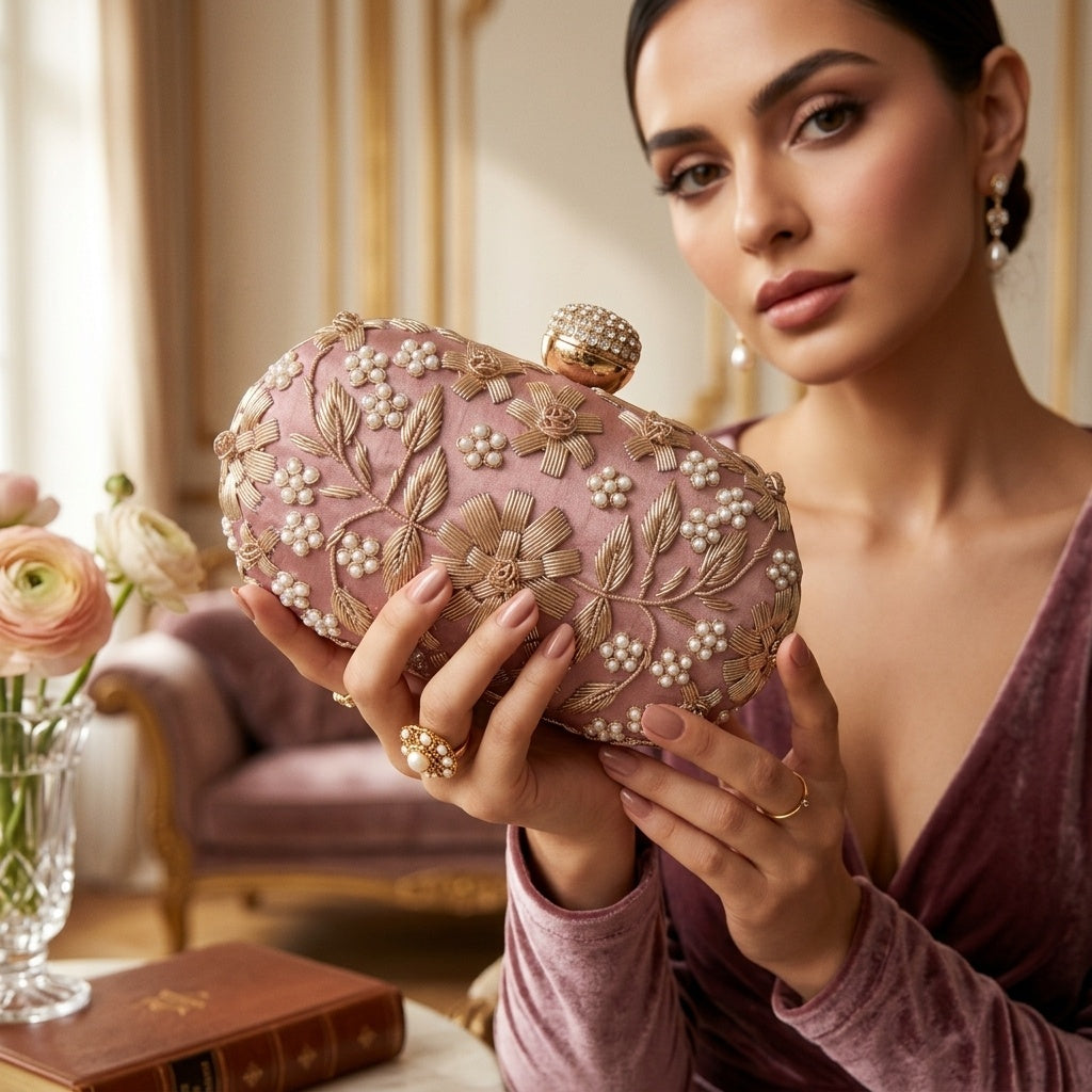 Vasanti Peach — Raw Silk Embroidered Clutch