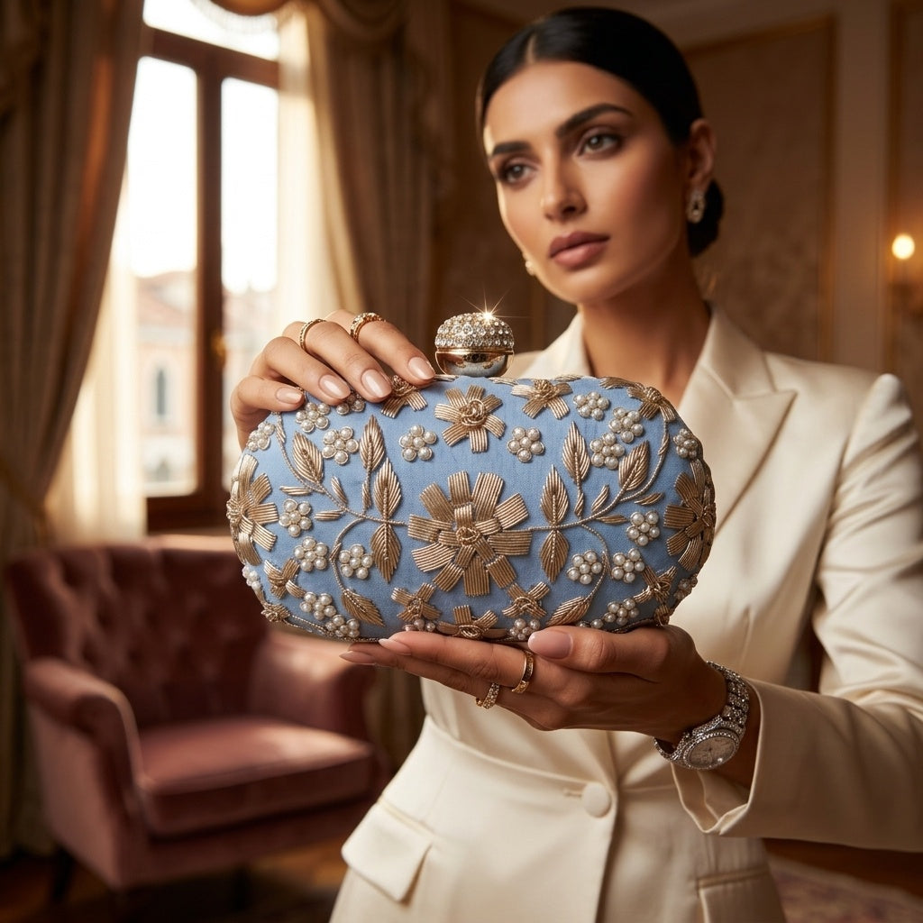 Shaan Blue — Raw Silk Embroidered Clutch