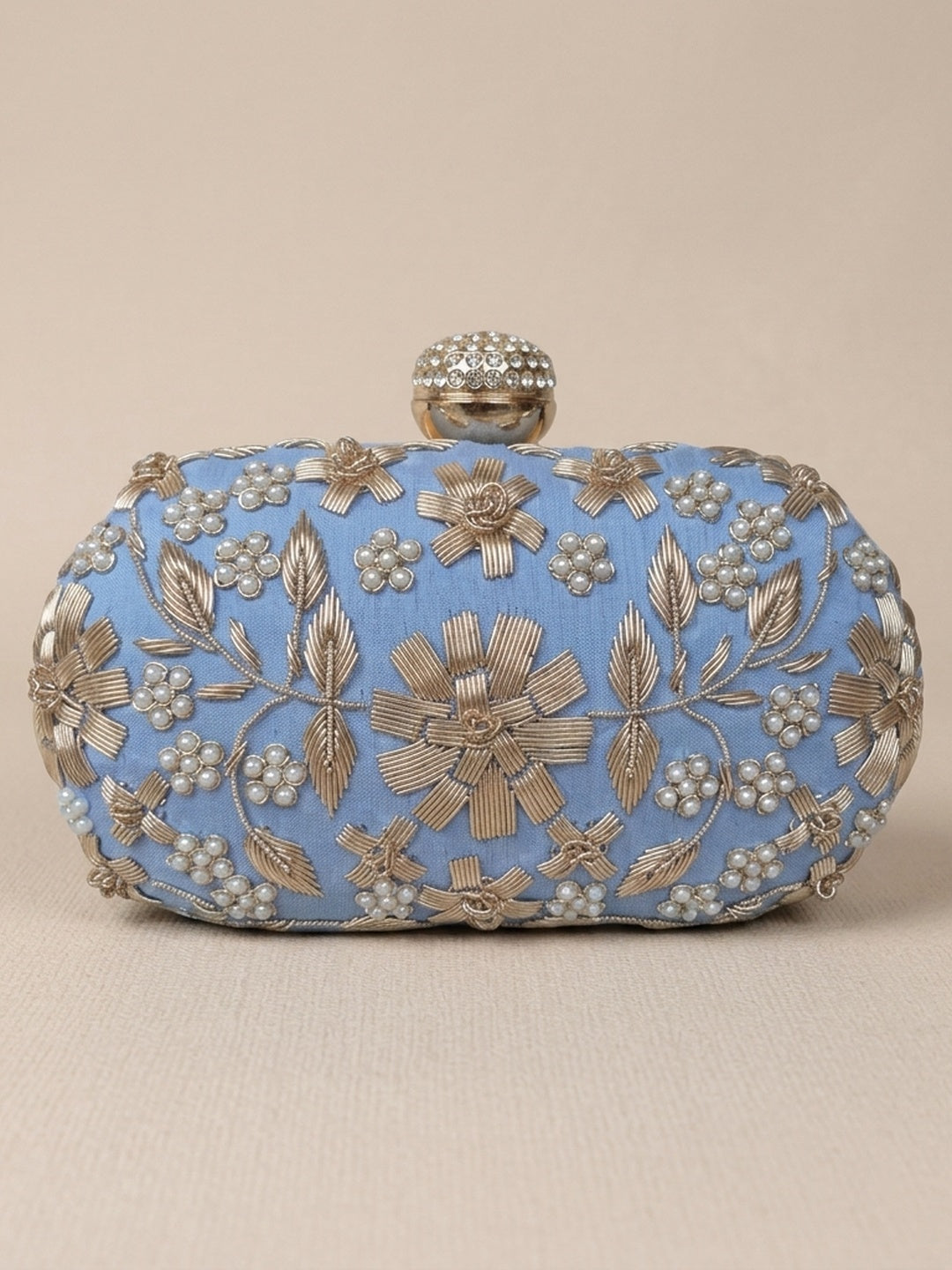Shaan Blue — Raw Silk Embroidered Clutch - Front View | SWIS-4514