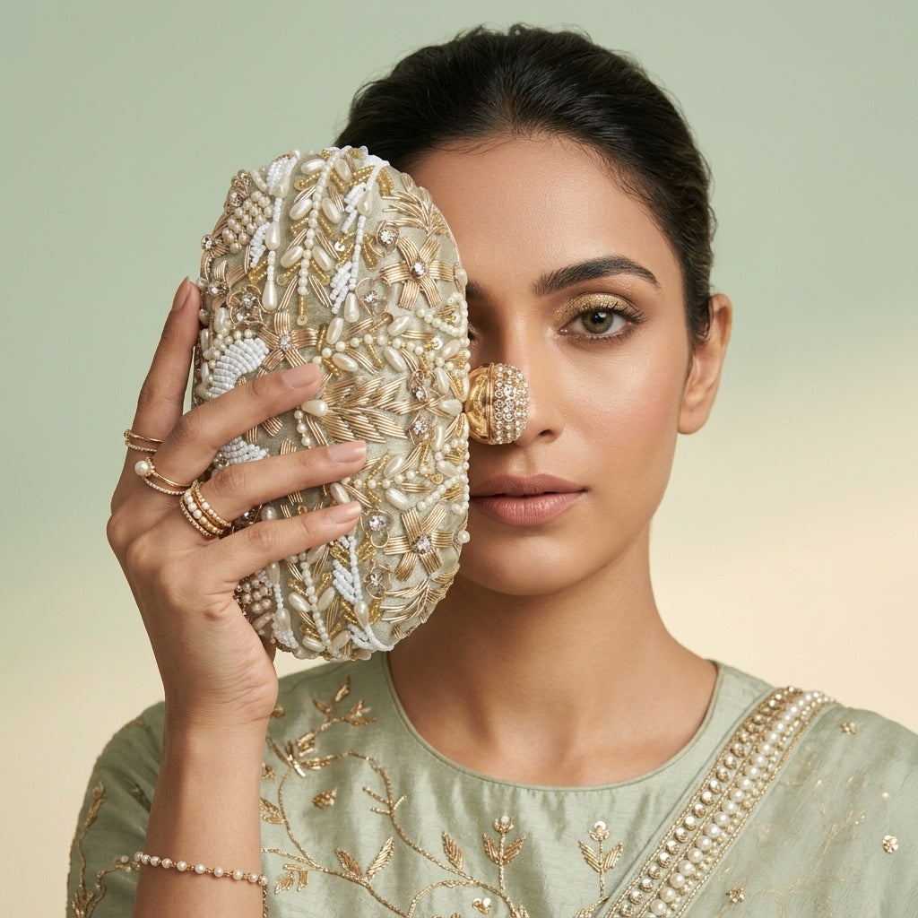 Prabha Mint Green — Raw Silk Embroidered Clutch - Front View | SWIS-4515