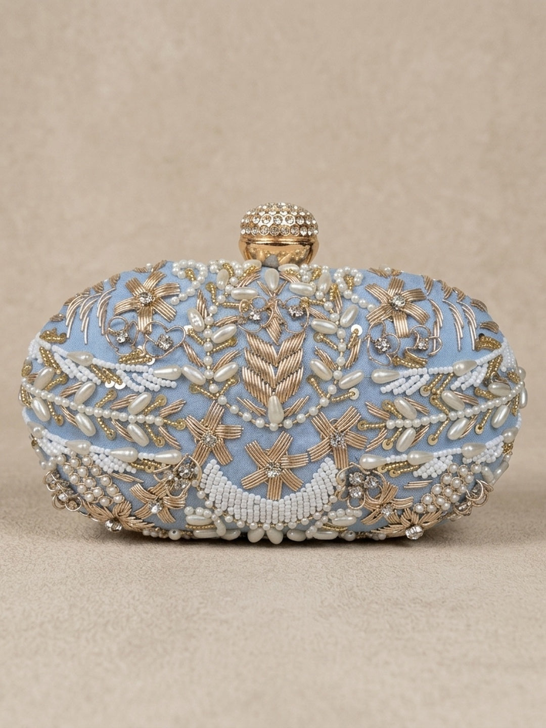 Padmini Blue — Raw Silk Embroidered Clutch - Front View | SWIS-4516