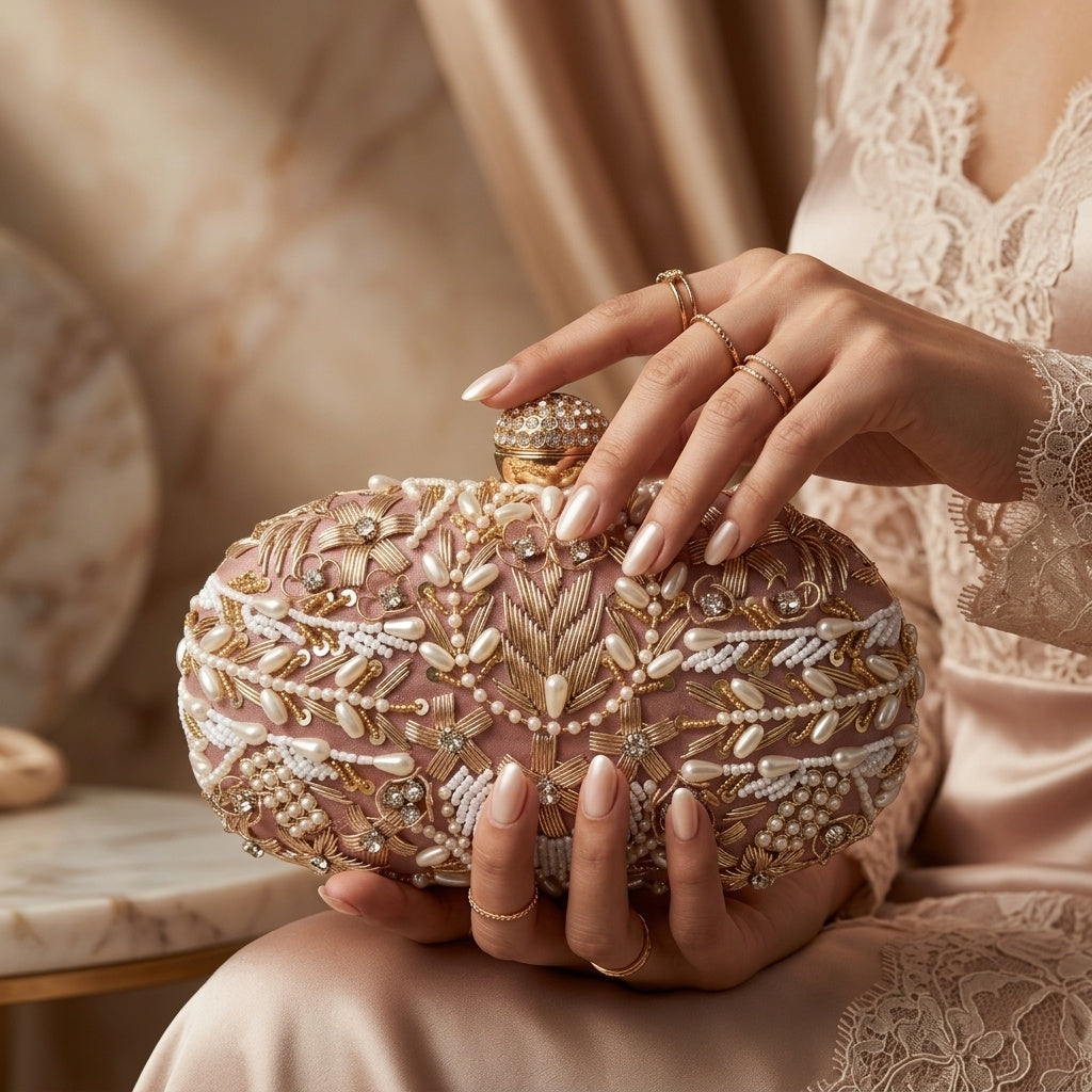 Savitri Peach Classic — Raw Silk Embroidered Clutch - Front View | SWIS-4517