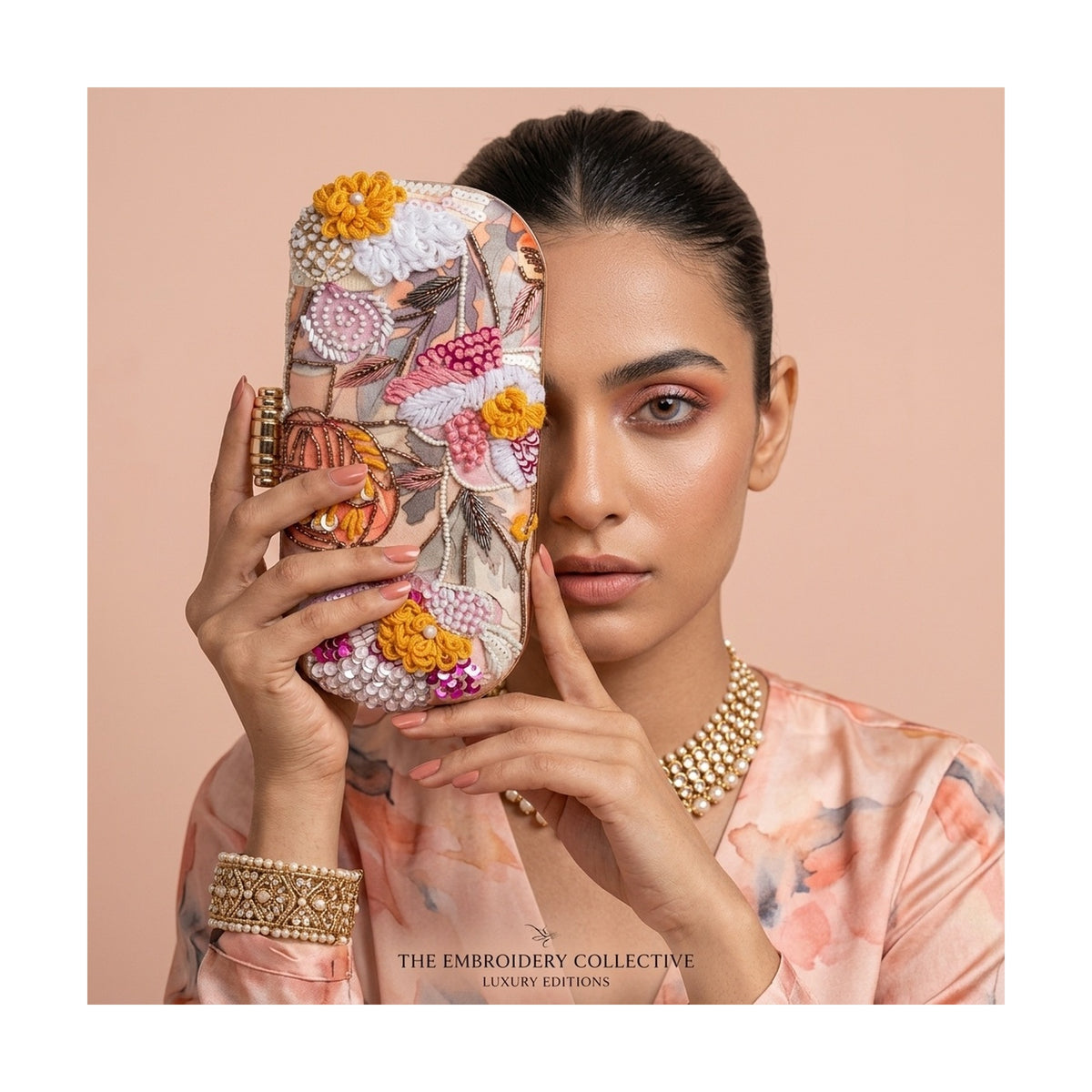 Sheetal — Satin Printed Embroidered Clutch - Front View | SWIS-4518