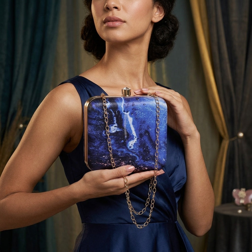 Reshma Blue — Satin Printed Clutch