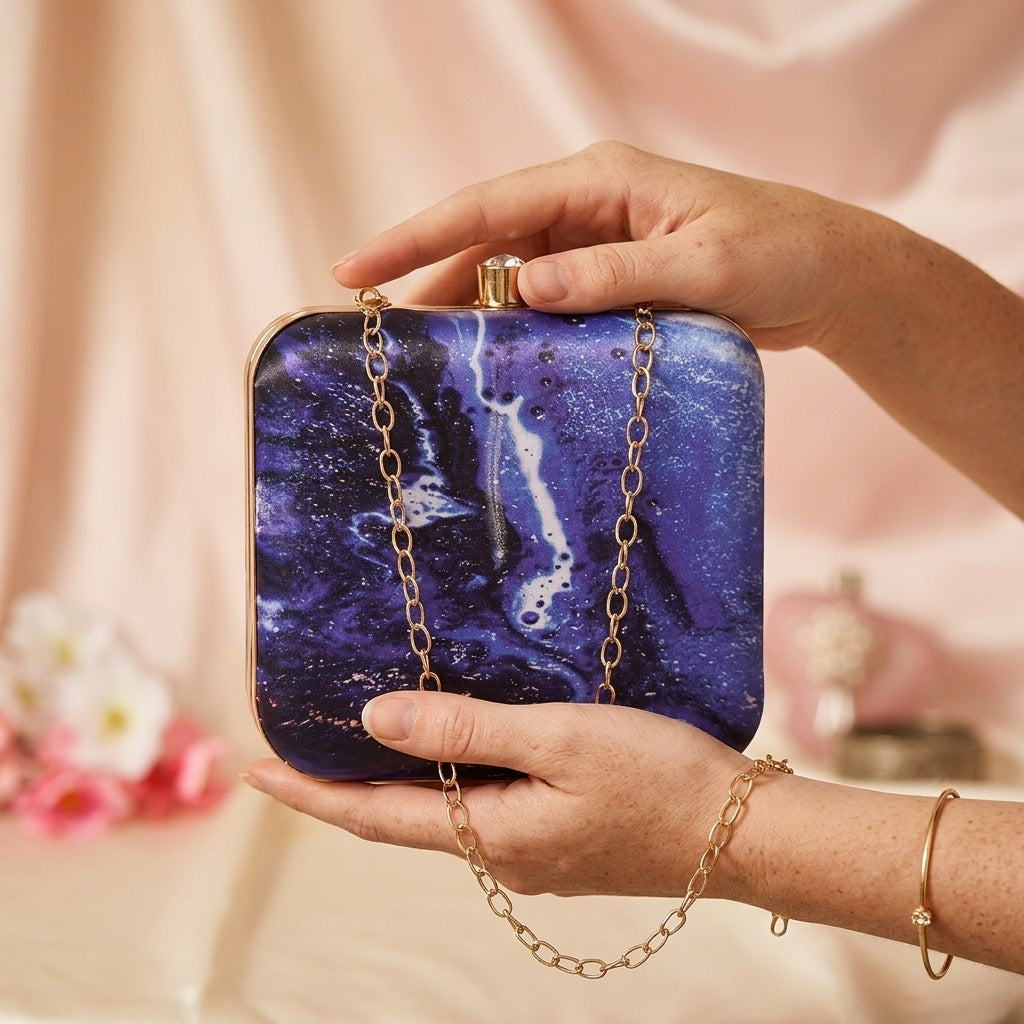 Reshma Blue — Satin Printed Clutch